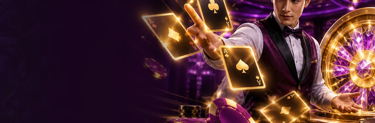 Banner sảnh casino trực tuyến với bàn bài và vòng quay pha lê